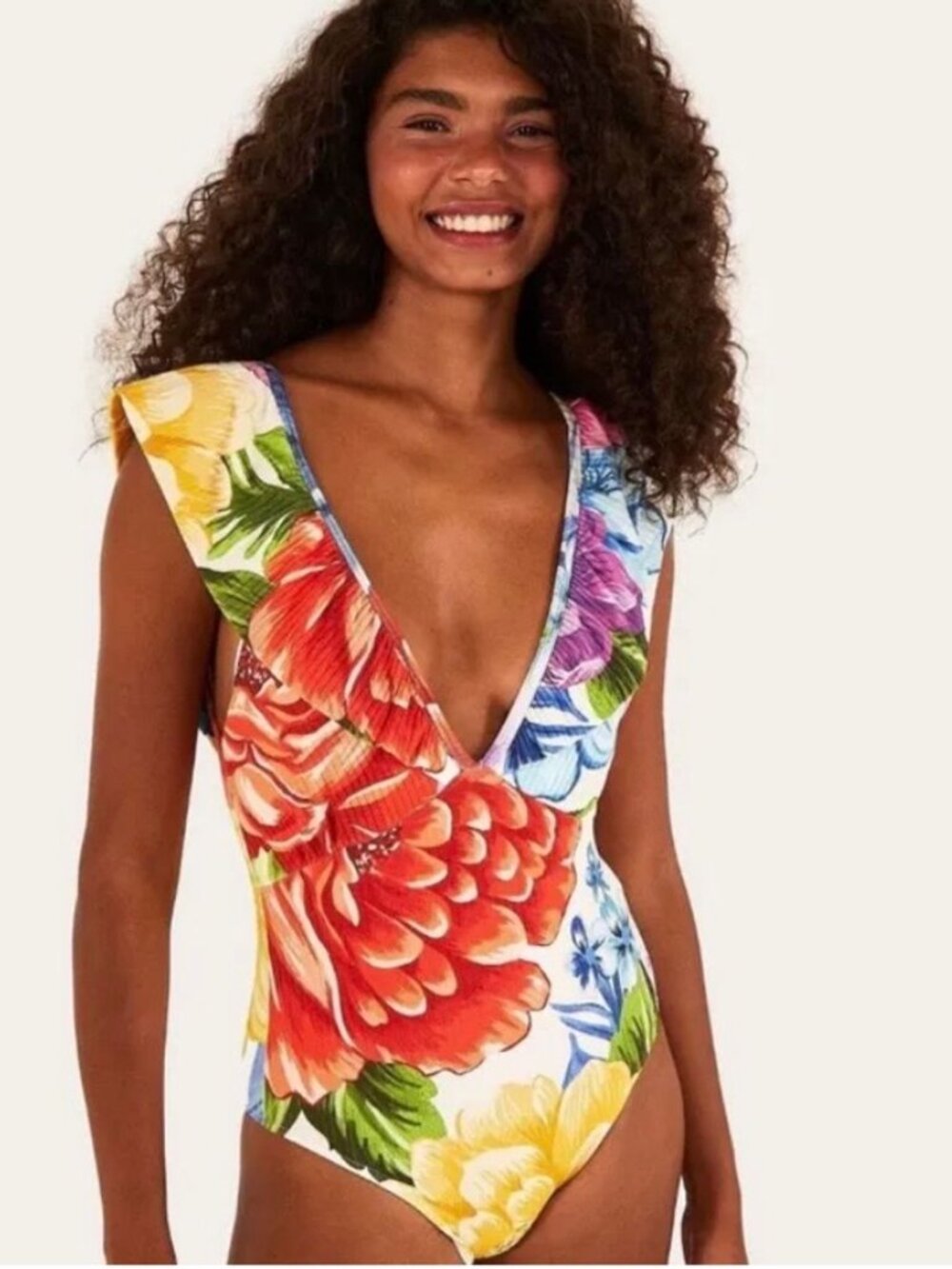 FARM RIO Chita Rainbow Floral Ribbed Jersey V-Neck Cheeky Bodysuit, Size S